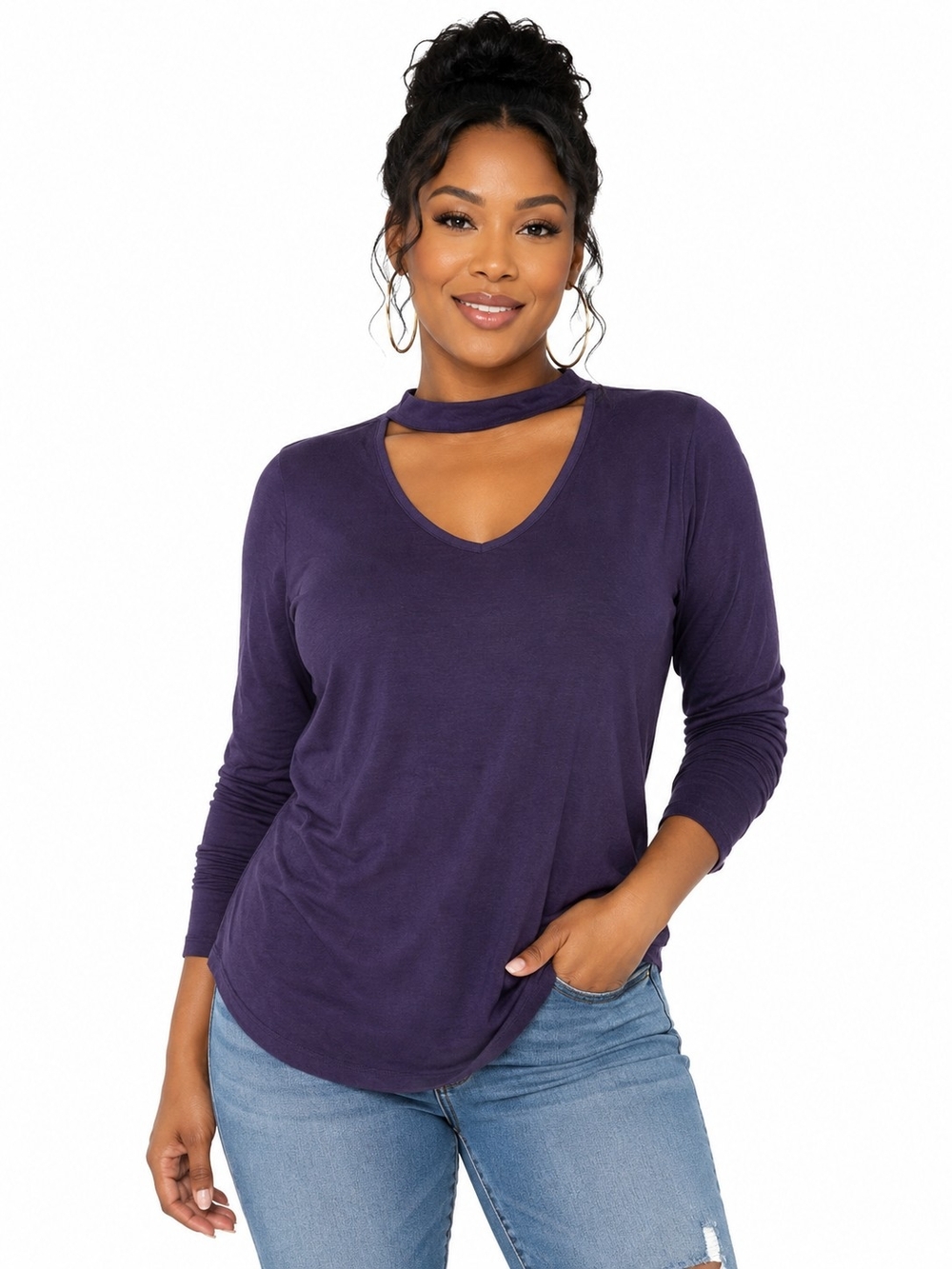 Elegant Plum Purple Choker-Neck Long Sleeve Tunic Top-Womens